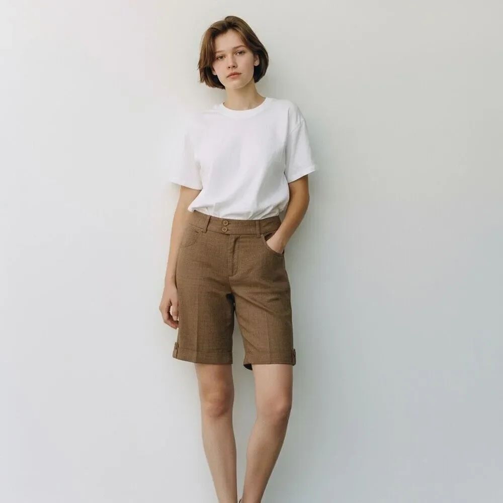 Mandee Solid Beige Brown Cotton Blend Stretchy Capri Bermuda Shorts Size 4